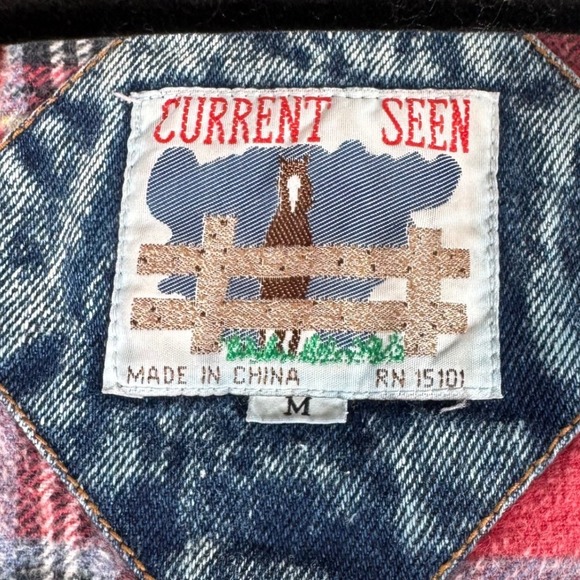 Vintage Current Seen‎ 80s Acid Wash Denim Jacket Plaid Lining Size M - Picture 6 of 11